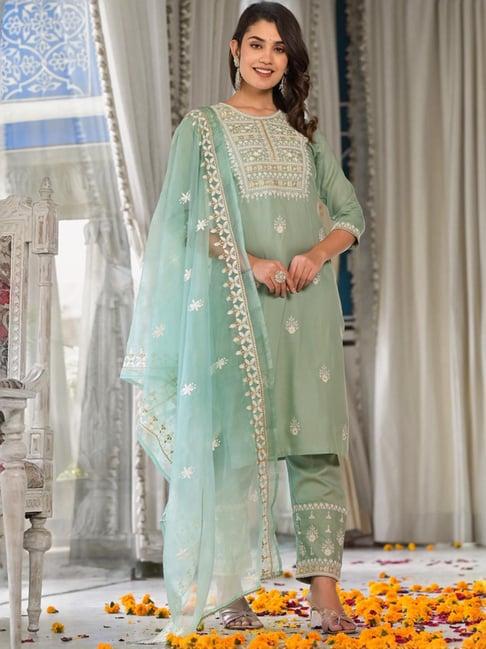 varanga green embroidered kurta pant set with dupatta