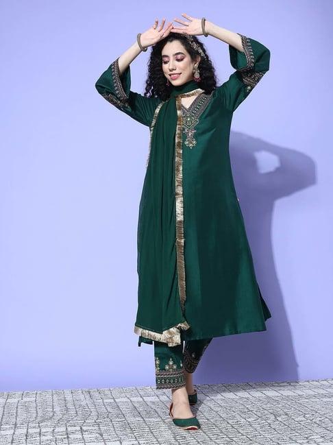 varanga green embroidered kurta pant set with dupatta