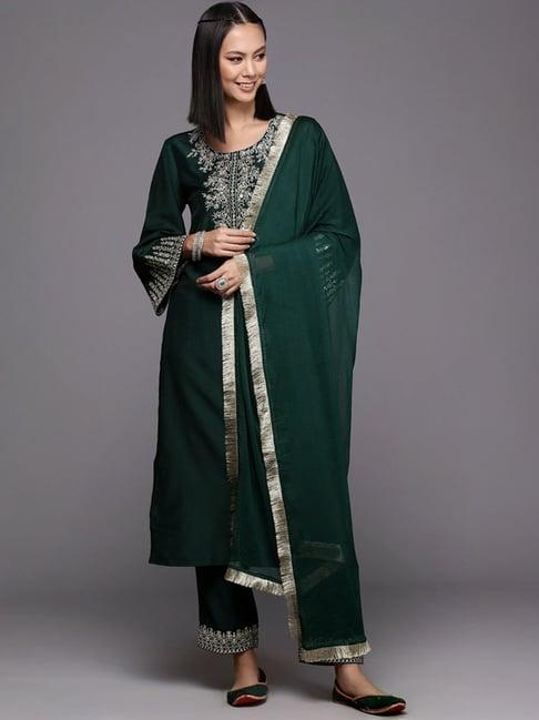 varanga green embroidered kurta pant set with dupatta