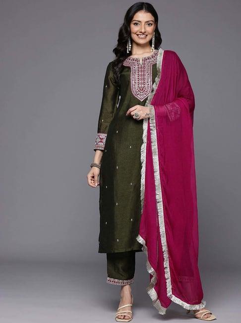 varanga green embroidered kurta pant set with dupatta