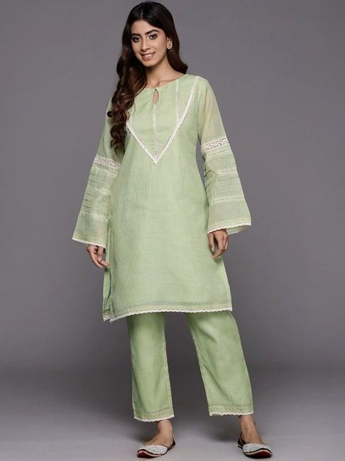 varanga green embroidered kurti pant set