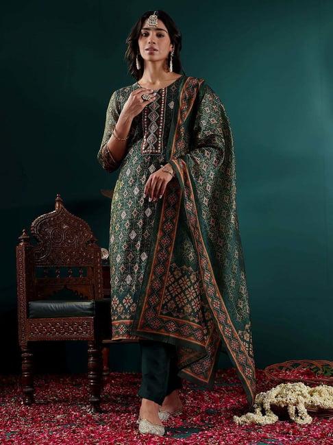 varanga green printed kurta pant set with dupatta