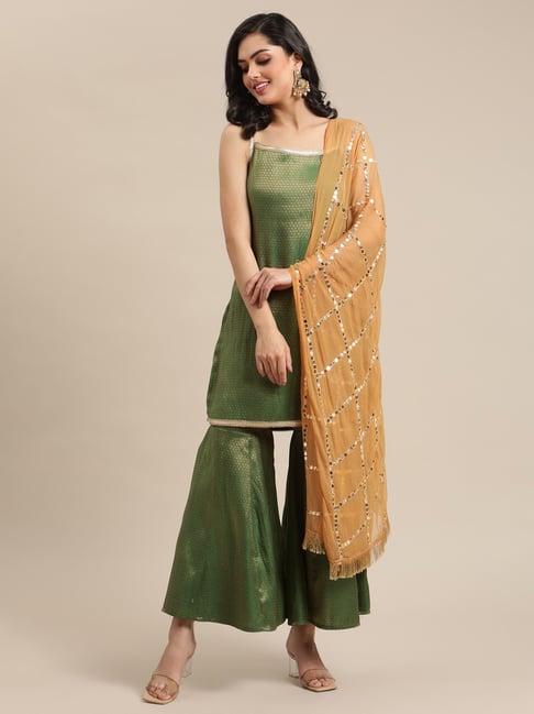 varanga green woven pattern kurti sharara set with dupatta