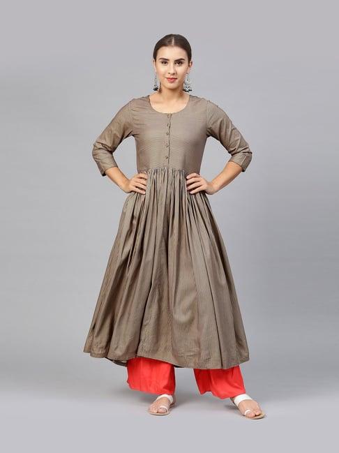 varanga grey & golden striped a line kurti