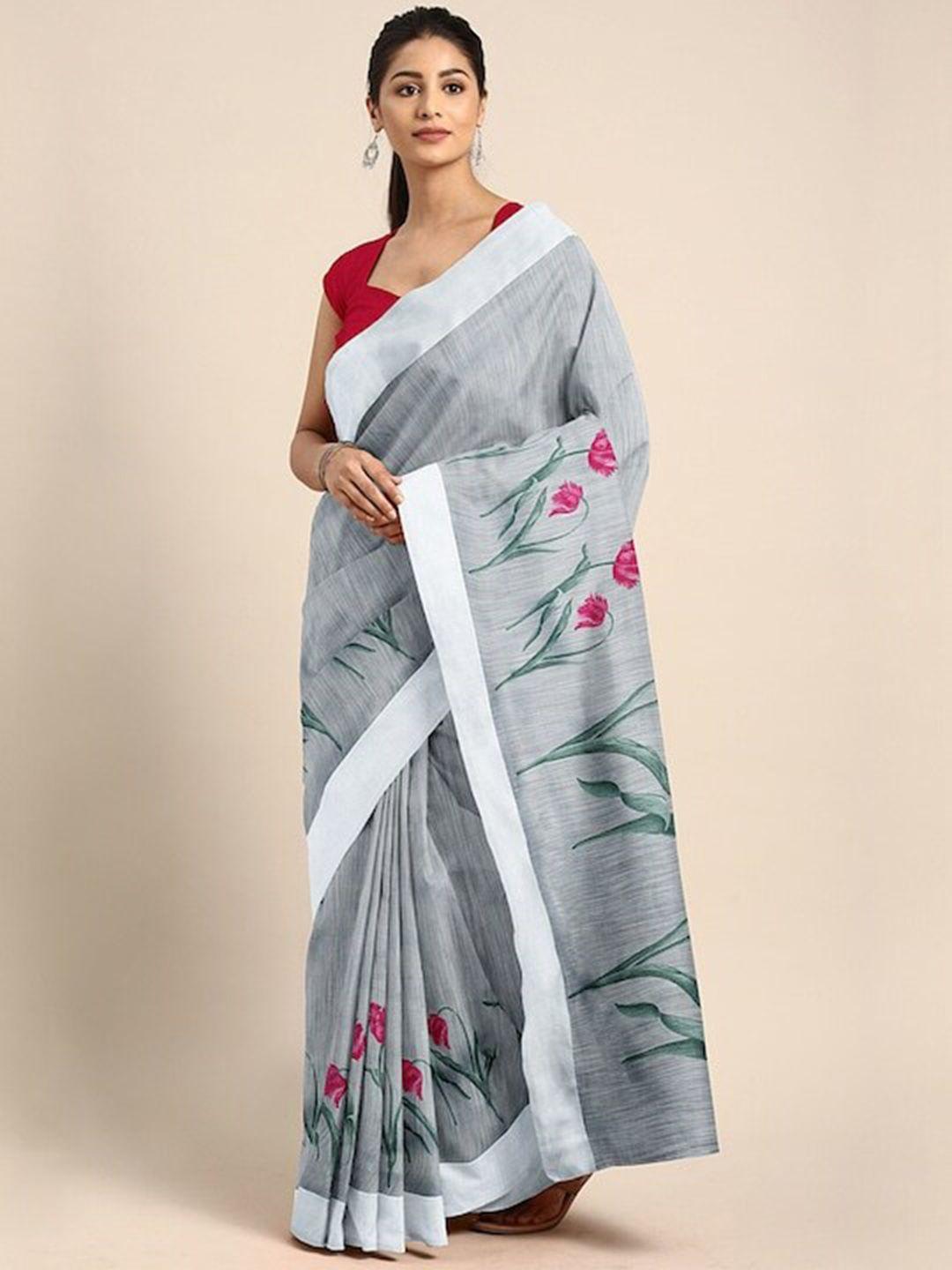 varanga grey & pink floral linen blend block print saree