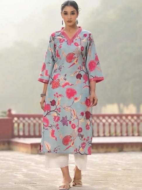 varanga grey cotton floral print straight kurta