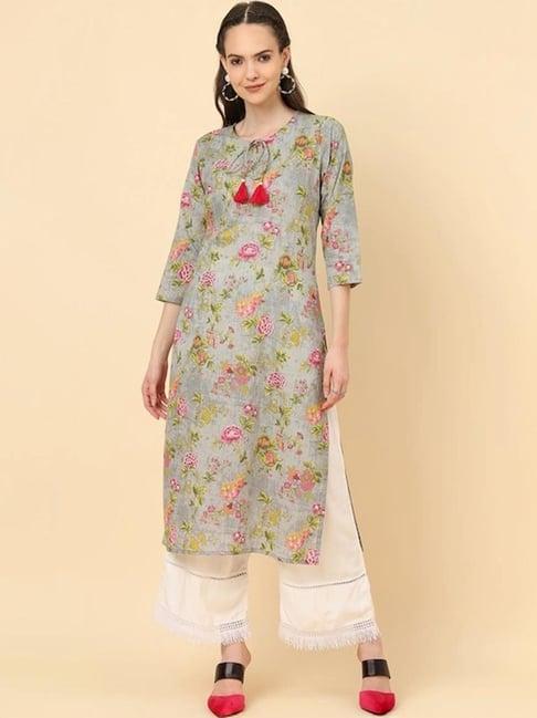 varanga grey cotton floral print straight kurta