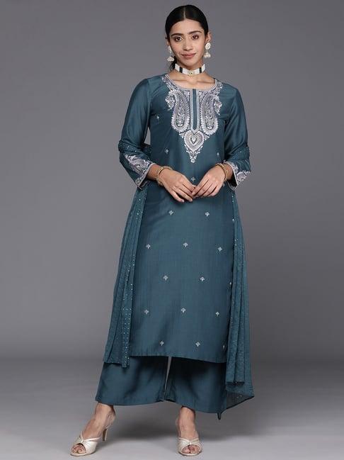 varanga grey embroidered kurta palazzo set with dupatta