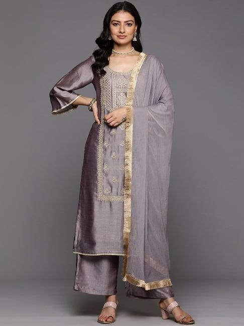 varanga grey embroidered kurta palazzo set with dupatta