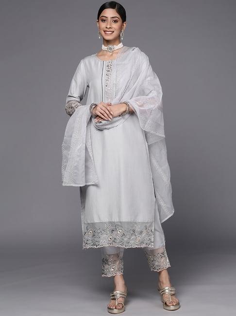 varanga grey embroidered kurta pant set with dupatta