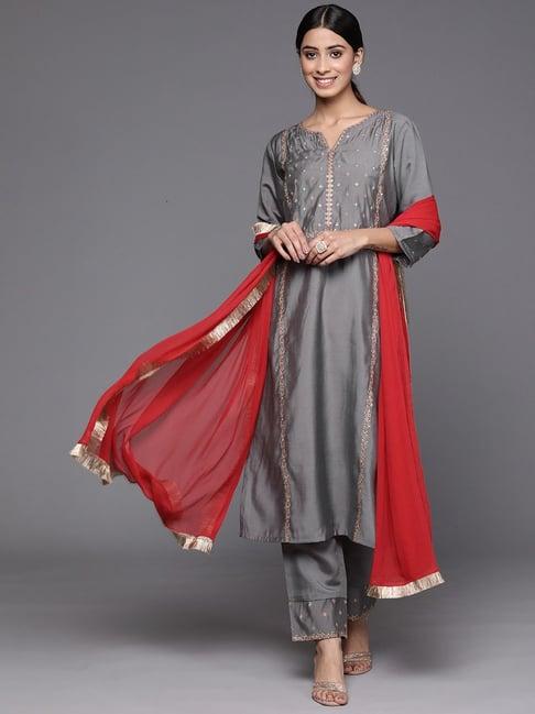 varanga grey embroidered kurta pant set with dupatta