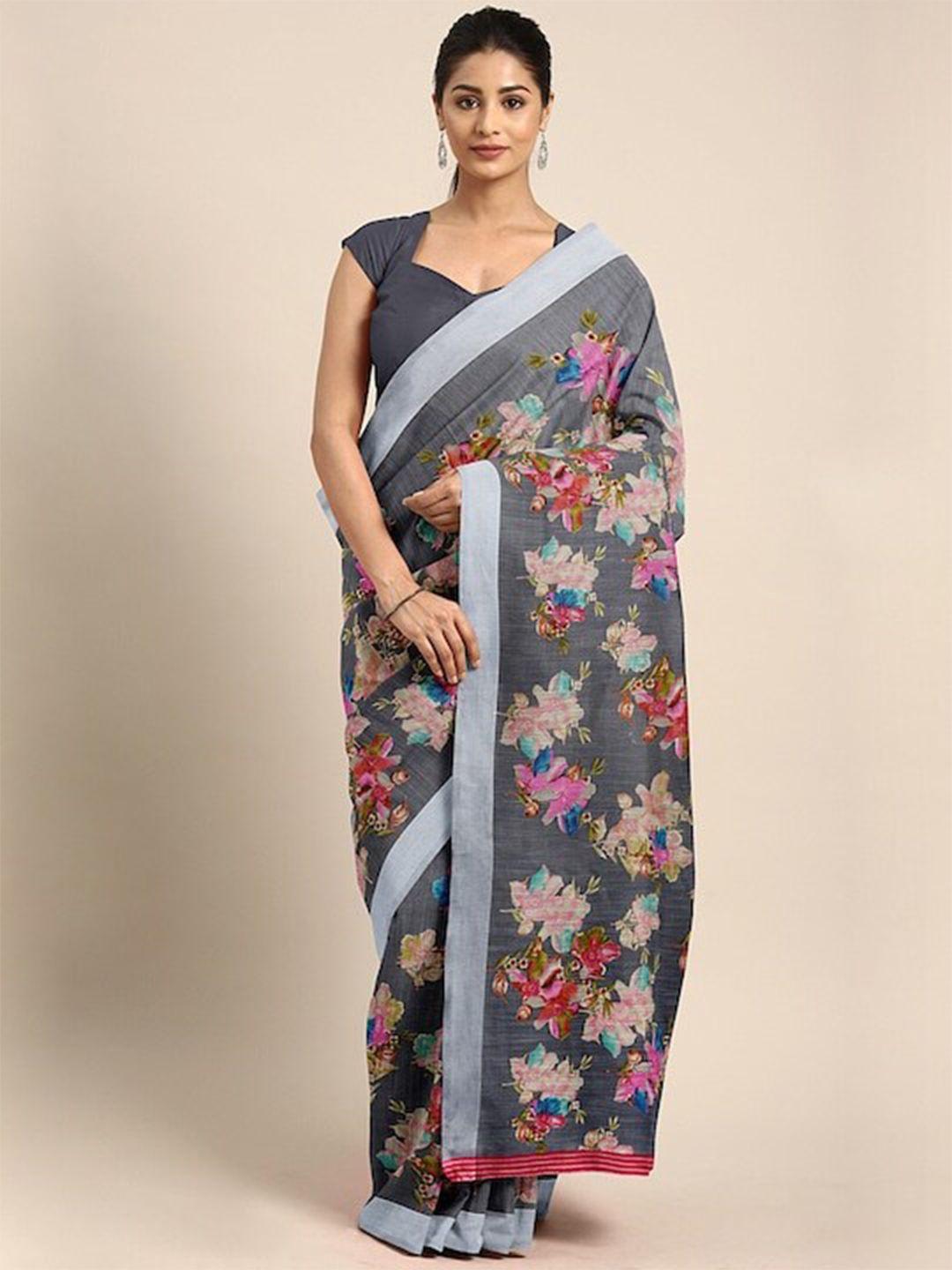 varanga grey floral linen blend block print saree