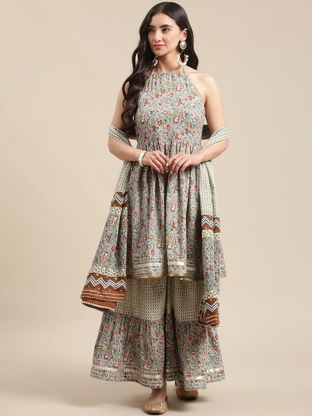 varanga grey melange halter neck kurta sharara set with printed dupatta