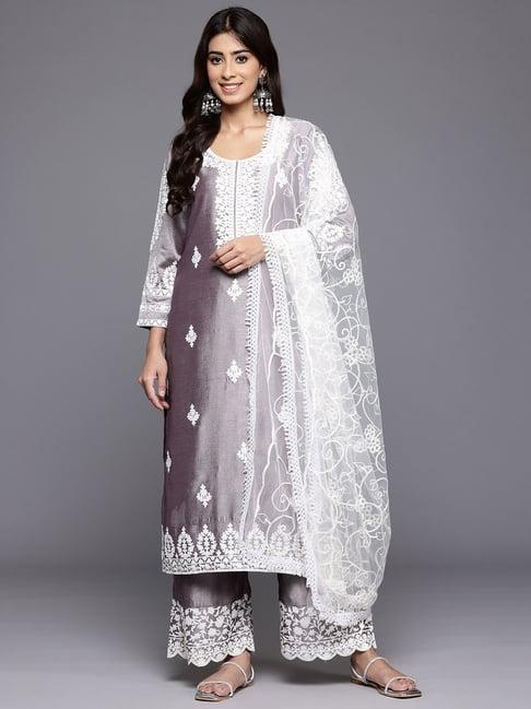 varanga lavender embroidered kurta with palazzo & dupatta