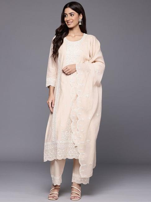 varanga light beige cotton embroidered kurta with pant & dupatta