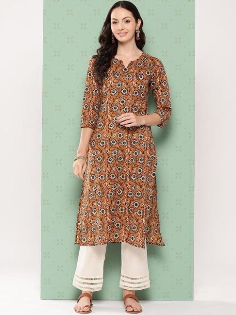 varanga light brown floral print straight kurta