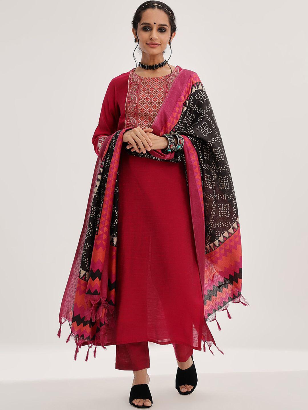 varanga magenta ethnic motifs yoke design straight kurta & trousers with dupatta
