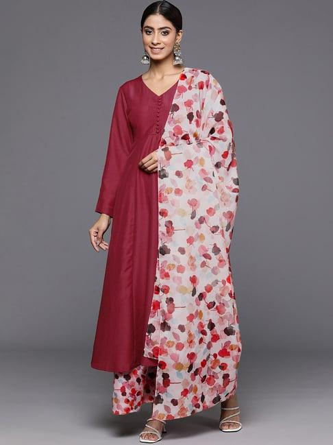 varanga maroon & beige printed kurta palazzo set with dupatta