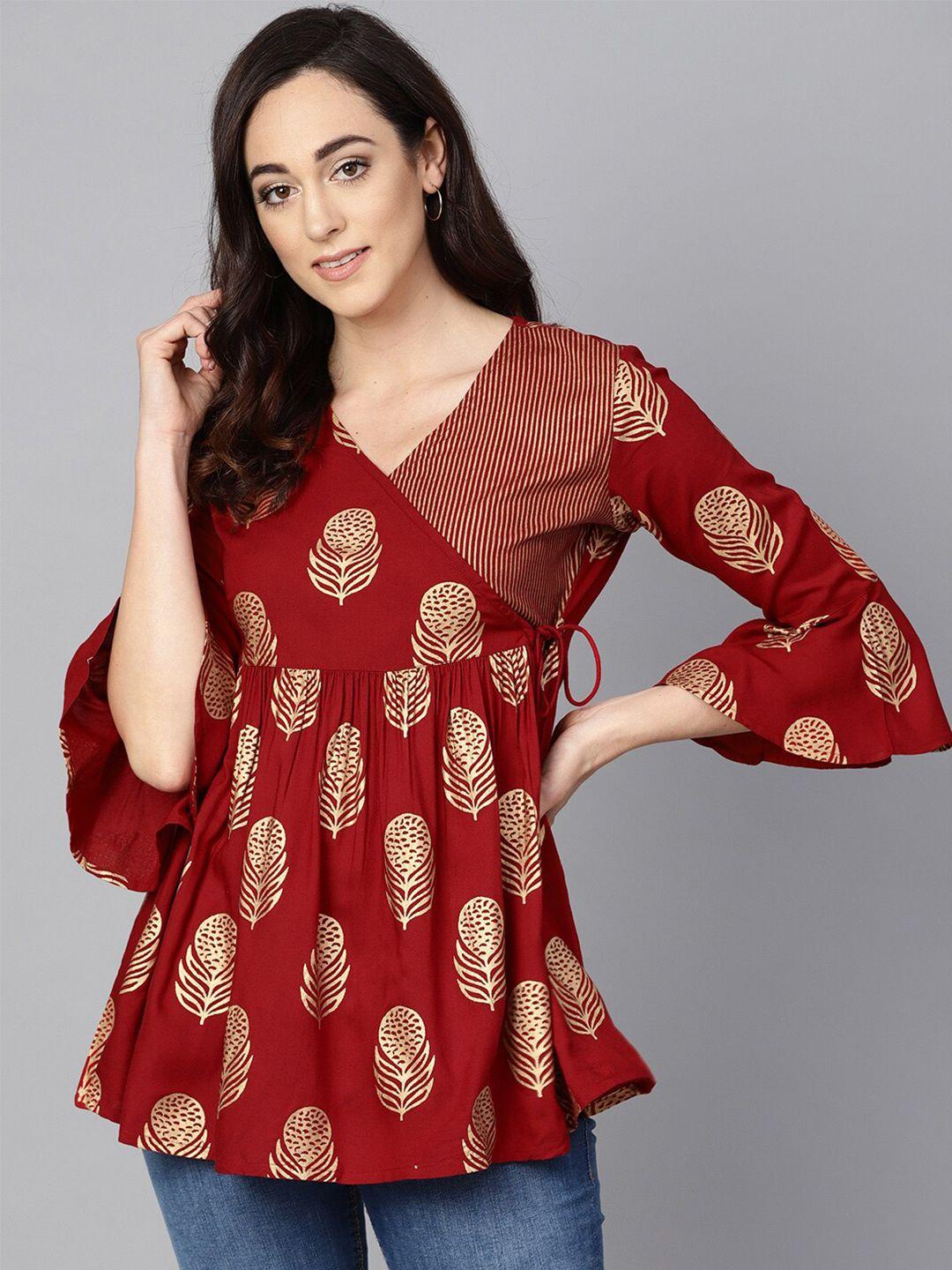 varanga maroon & gold-toned viscose rayon printed tunic