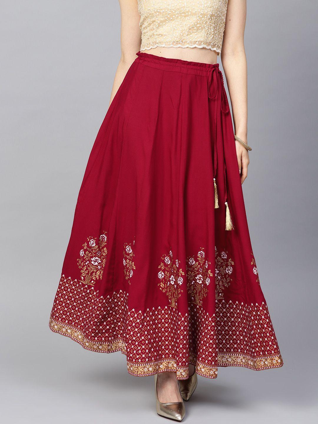 varanga maroon & golden khadi print flared maxi skirt