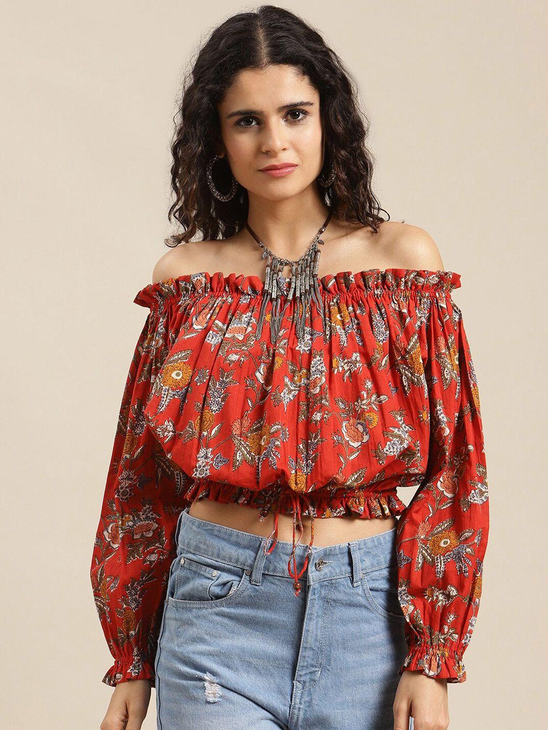 varanga maroon & mustard yellow floral print off-shoulder bardot crop top