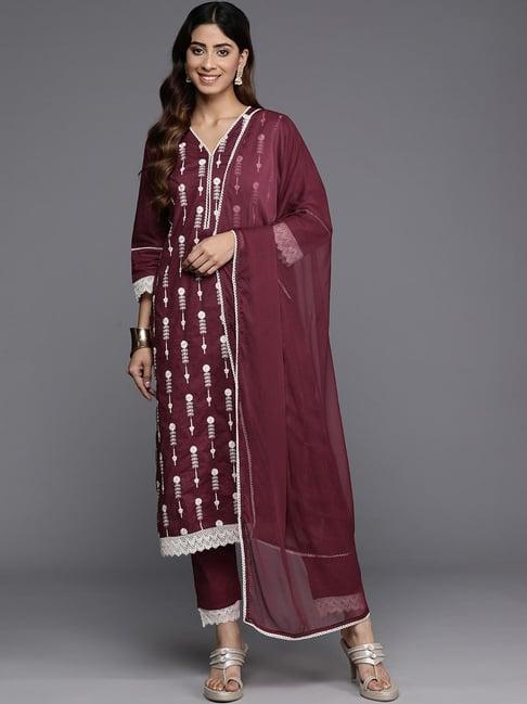 varanga maroon cotton embroidered kurta pant set with dupatta