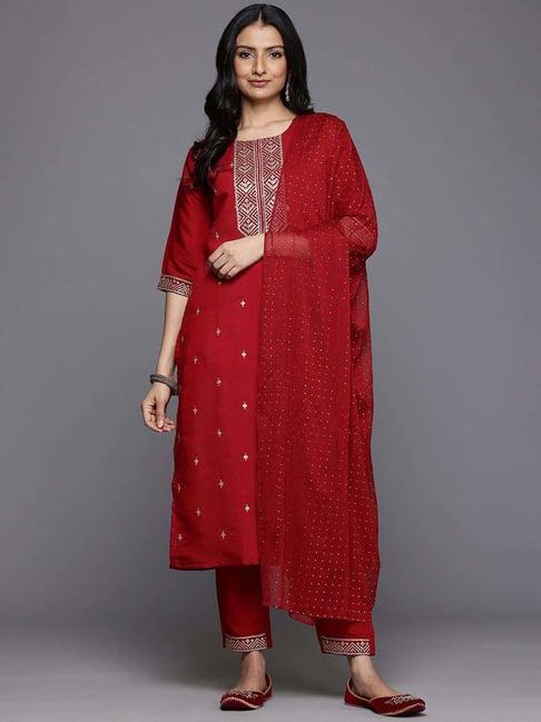 varanga maroon embroidered kurta & pant set with dupatta