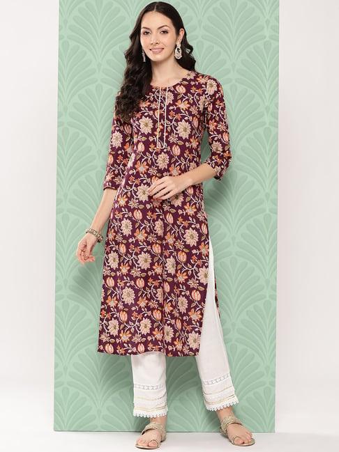 varanga maroon floral print straight kurta