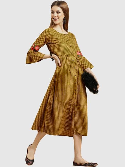 varanga mustard cotton chequered a-line dress