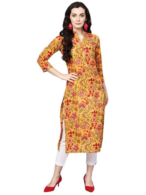 varanga mustard cotton floral print straight kurti