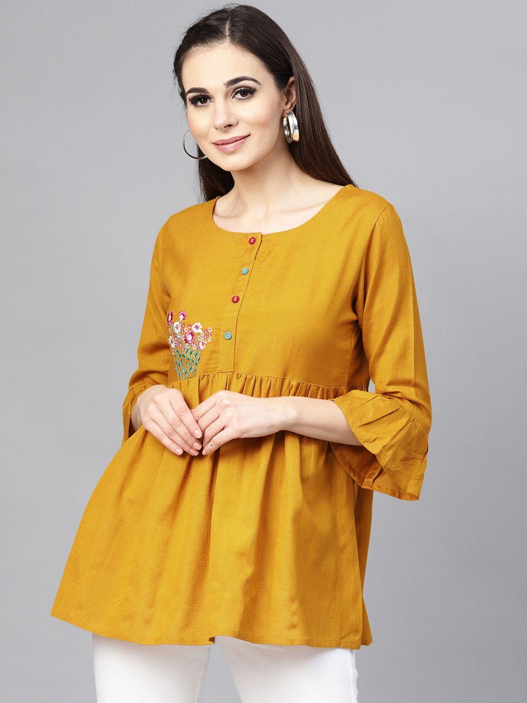 varanga mustard floral embroidered tunic with white elasticated dhoti pants