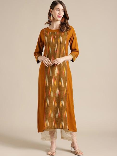 varanga mustard printed a line kurta