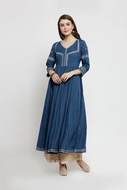 varanga navy & beige embroidered kurti palazzo set