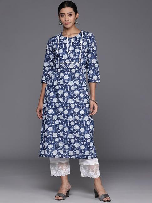 varanga navy cotton floral print straight kurta