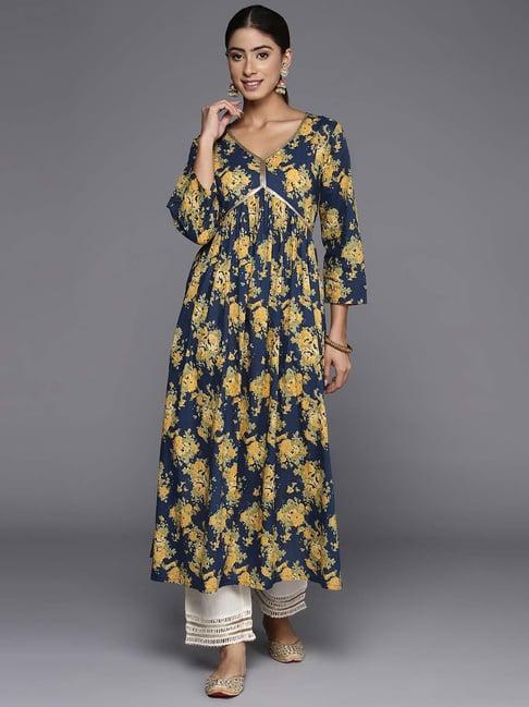 varanga navy cotton floral print straight kurta