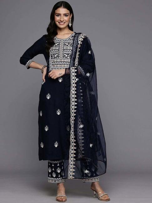 varanga navy embroidered kurta & pant set with dupatta