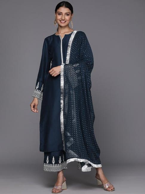 varanga navy embroidered kurta with pant & dupatta