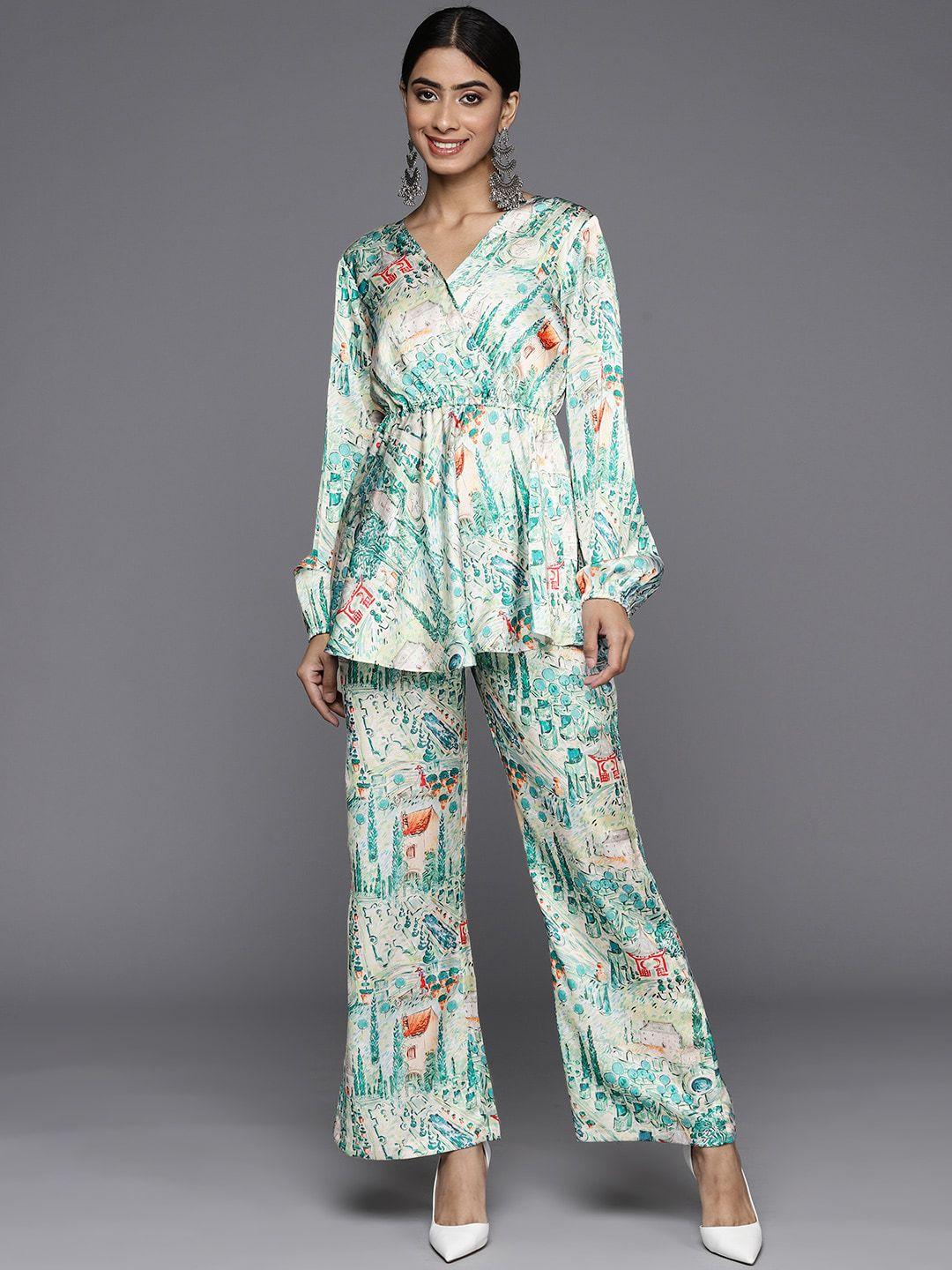 varanga off-white blue & green abstract printed v-neck top with trousers