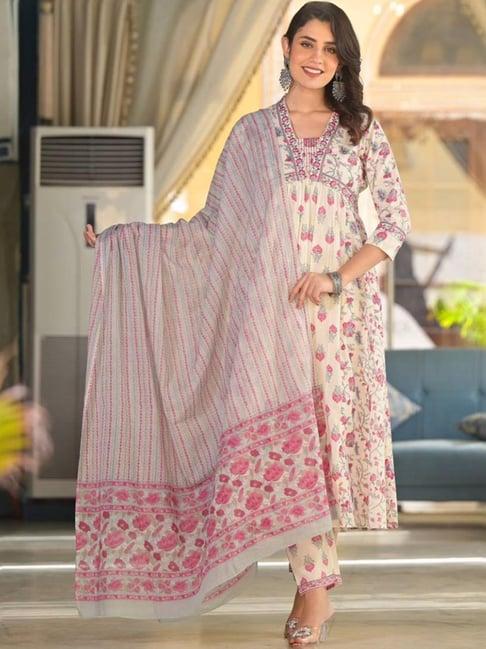 varanga off-white cotton printed kurta pant set with dupatta