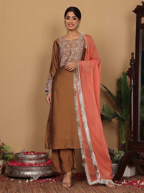 varanga olive green embroidered kurta & palazzo set with dupatta