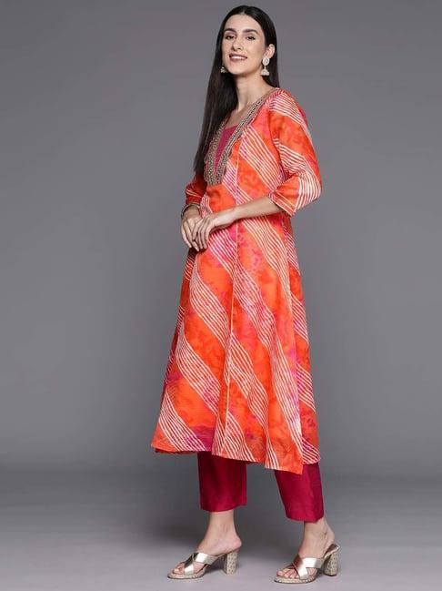 varanga orange & pink printed kurta pant set with dupatta