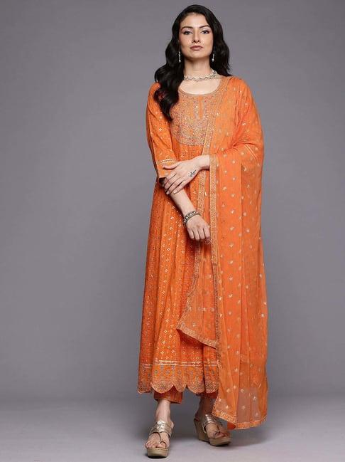 varanga orange cotton embroidered kurta & pant set with dupatta