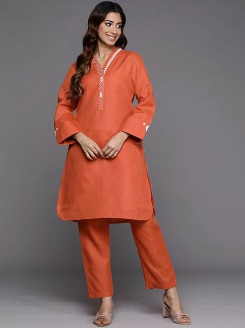 varanga orange embroidered kurti pant set