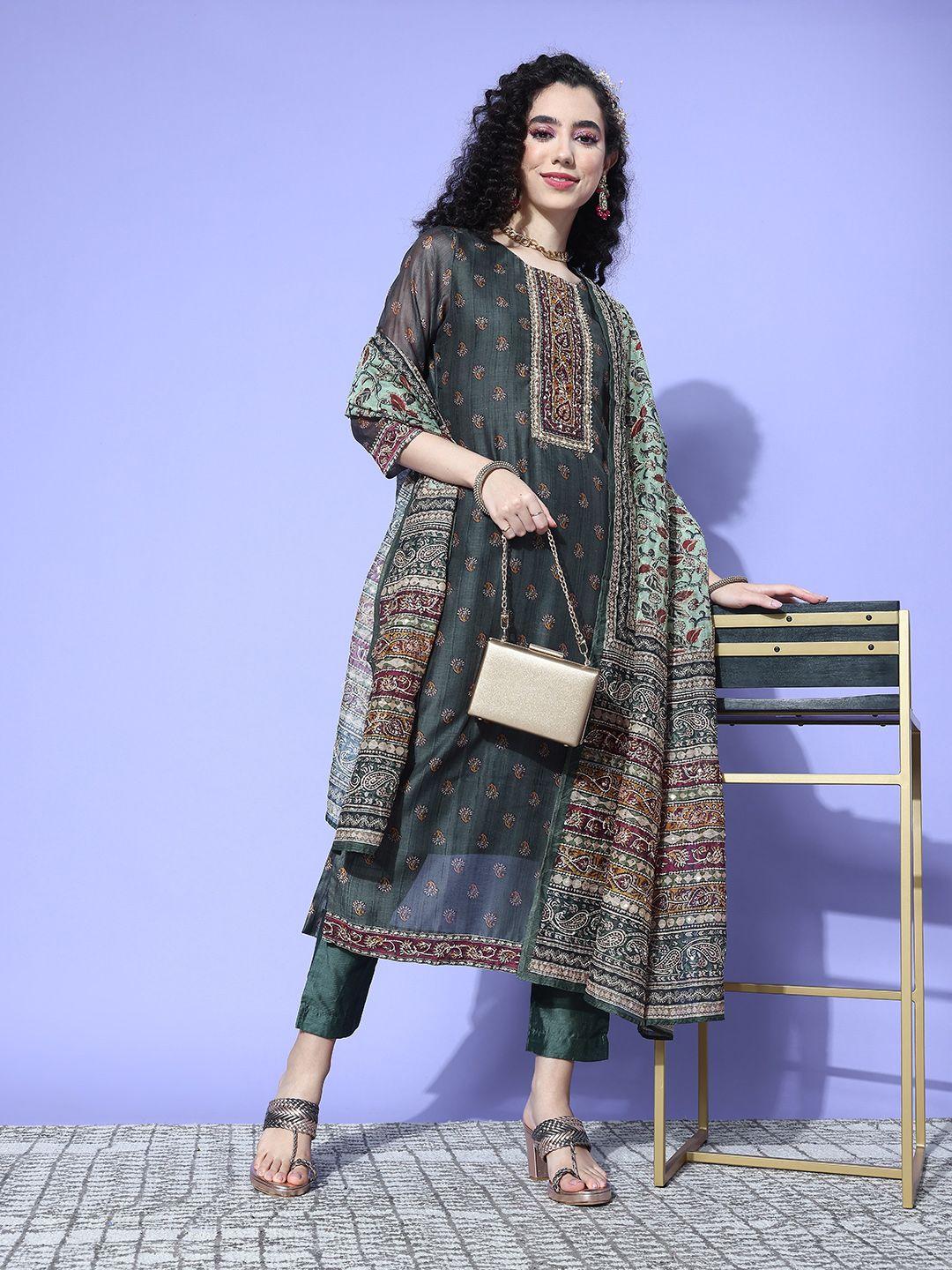 varanga paisley printed regular gotta patti chanderi silk kurta with trousers & dupatta