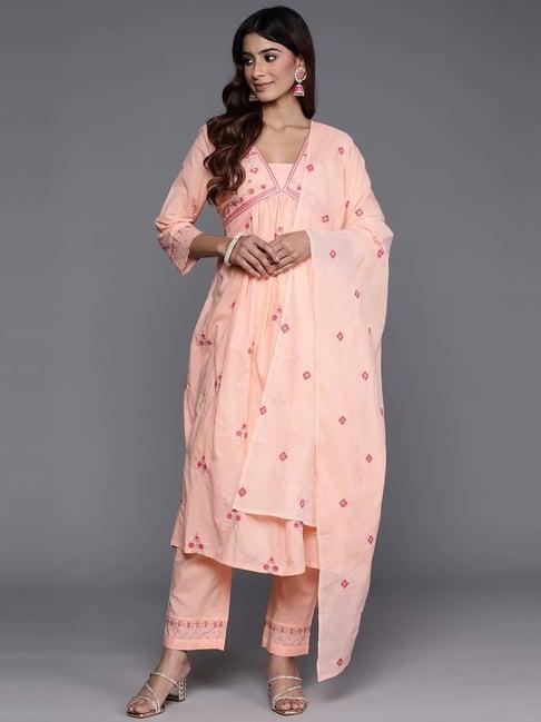 varanga peach cotton embroidered kurta pant set with dupatta