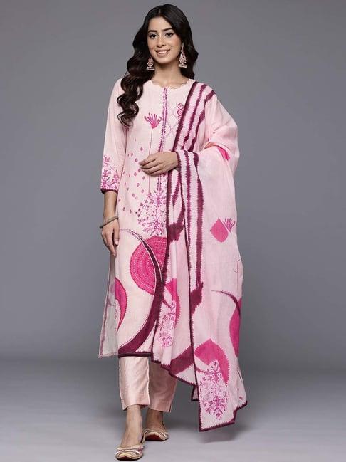 varanga peach cotton embroidered kurta pant set with dupatta