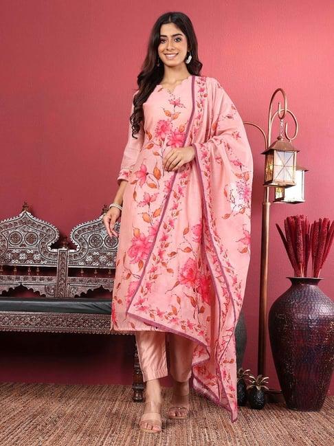 varanga peach embroidered kurta & pant set with dupatta