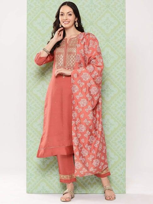 varanga peach embroidered kurta pant set with dupatta