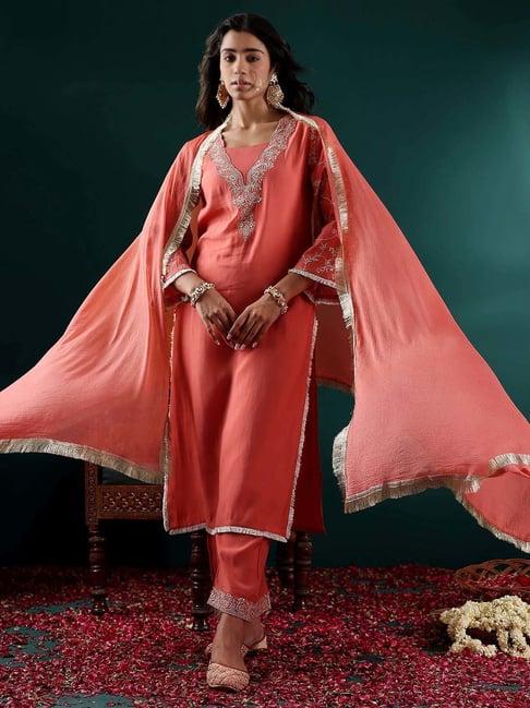 varanga peach embroidered kurta pant set with dupatta