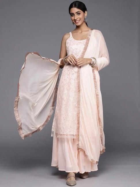 varanga peach embroidered kurta sharara set with dupatta